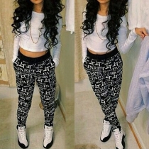Fashion Long Sleeve White Crop Tops + Printed Pants Two-piece Set