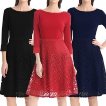 Elegant Solid Color 3/4 Sleeve Round Neck Lace Spliced Dress