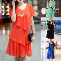 Fashion Solid Color Short Sleeve V-neck Multilayer Chiffon Dress