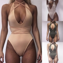 Sexy Deep V-neck Solid Color One-piece Swimsuit