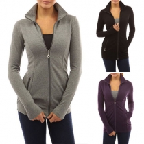 Fashion Solid Color Long Sleeve Stand Collar Sweatshirt Coat