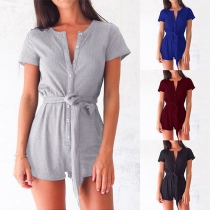 Fashion Solid Color Short Sleeve Round Neck Rompers