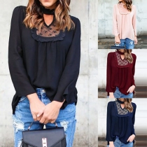 Fashion Lace Spliced Long Sleeve Ruffle Collar Solid Color Blouse