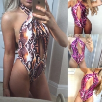 Sexy Backless Hollow Out Snakeskin Printed One-piece Swimsuit