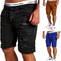 Distressed Style Solid Color Ripped Cargo Shorts for Men