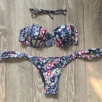 Sexy Printed Bandeau Bikini Set with Detachable Shoulder Strap