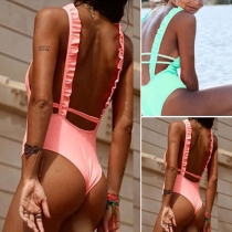 Sexy Backless Ruffle Solid Color One-piece Swimsuit