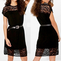 Sexy Hollow Out Lace Spliced Short Sleeve Round Neck Dress