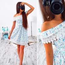 Sexy Off-shoulder Lace Spliced Printed Dress