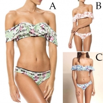 Sexy Ruffle Off-shoulder Printed Bikini Set