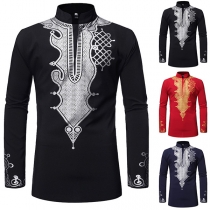 Fashion Printed Long Sleeve Round Neck Men's Casual T-shirt