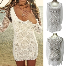 Sexy Long Sleeve Round Neck Hollow Out Crochet Beach Dress Smock