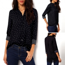 Fashion Dots Printed Long Sleeve Stand Collar See-through Chiffon Shirt