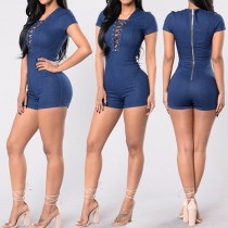 Sexy Lace-up Deep V-neck Short Sleeve Slim Fit Denim Rompers