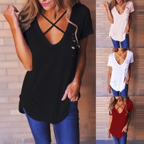 Sexy Deep V-neck Short Sleeve Solid Color Ripped T-shirt