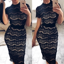 Sexy Short Sleeve Hollow Out Mock Neck Slim Fit Lace Dress