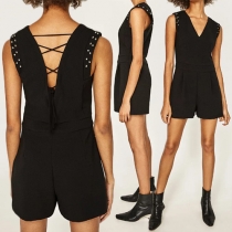 Sexy Backless Deep V-neck Sleeveless Rivets Rompers