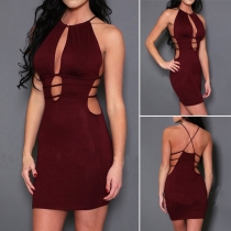 Sexy Backless Hollow Out Solid Color Slim Fit Dress
