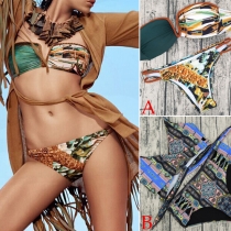 Sexy Contrast Color Printed Bandeau Bikini Set