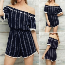 Sexy Off-shoulder Boat Neck Short Sleeve Striped Rompers