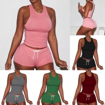 Fashion Solid Color Tank Top + Shorts Sports Suit
