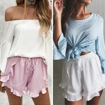  Fashion Solid Color Elastic Waist Ruffle Shorts