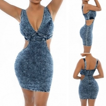Sexy Backless Hollow Out Deep V-neck Slim Fit Denim Dress