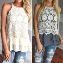 Fashion Sleeveless Round Neck Lace Spliced Tops