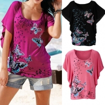 Fashion Butterfly Printed Dolman Sleeve Round Neck T-shirt