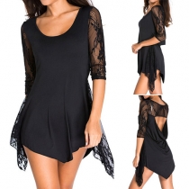 Sexy Hollow Out Lace Spliced 3/4 Sleeve Irregular Hem Party Dress