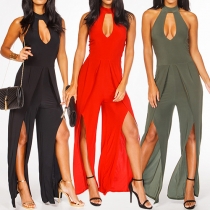 Sexy Backless Hollow Out Slit Hem High Waist Solid Color Jumpsuits