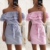 Sexy Off-shoulder Ruffle Striped Dress with Waist Strap
