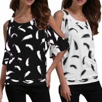 Sexy Off-shoulder Short Sleeve Round Neck Printed T-shirt