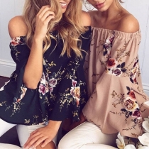 Sexy Off-shoulder Trumpet Sleeve Printed Blouse