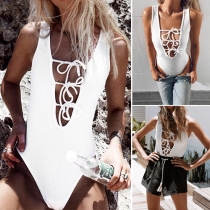 Sexy Lace-up Deep V-neck Sleeveless Solid Color Bodysuit