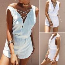 Sexy Backless Lace-up Deep V-neck Sleeveless Solid Color Rompers