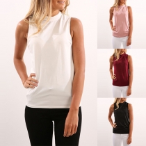 Sexy V-shaped Backless Sleeveless Mock Neck Solid Color Tops