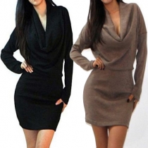 Fashion Solid Color Long Sleeve Cowl Neck Slim Fit Dress