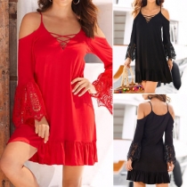 Sexy Off-shoulder Lace Spliced Trumpet Sleeve Cami Dress