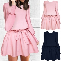 Fashion Solid Color Long Sleeve Round Neck Elastic Waist Dress