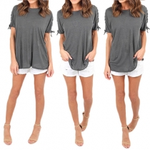 Fashion Solid Color Lace-up Short Sleeve Round Neck Loose T-shirt