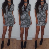 Sexy Lace-up V-neck Short Sleeve Slim Fit Camouflage Printed Dress