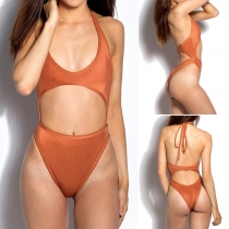 Sexy Backless Hollow Out Solid Color Halter One-piece Swimsuit