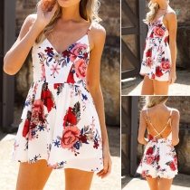 Sexy Backless V-neck High Waist Printed Cami Rompers