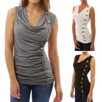 Fashion Solid Color Sleeveless Cowl Neck Single-breasted Top