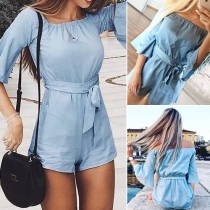 Sexy Off-shoulder Boat Neck Trumpet Sleeve Solid Color Rompers