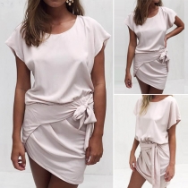 Fashion Solid Color Short Sleeve Irregular Hem Lace-up Dress