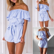 Sexy Off-shoulder Ruffle Striped Rompers