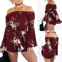 Sexy Off-shoulder Boat Neck Trumpet Sleeve Printed Rompers