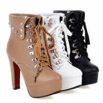Fashion Round Toe High-heeled Lace-up Rivets Martin Boots Booties